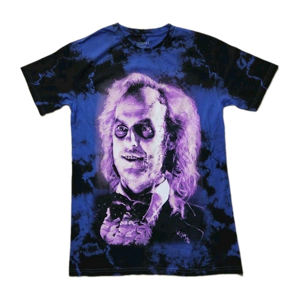 Beetlejuice Graphic Tee Shirt Black Blue Tie Dye Dual Sided Print Mens S EUC
